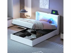 Discount Cama contenedor 90 x 200 cm con cabecero - LED, reproductor Bluetooth y toma USB - Cuero PU - Cama Con Canapé|Cama Con Almacenaje