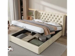 Clearance ModernLuxe Cama contenedor acolchada de terciopelo 160x200 cm con somier de láminas - Beige