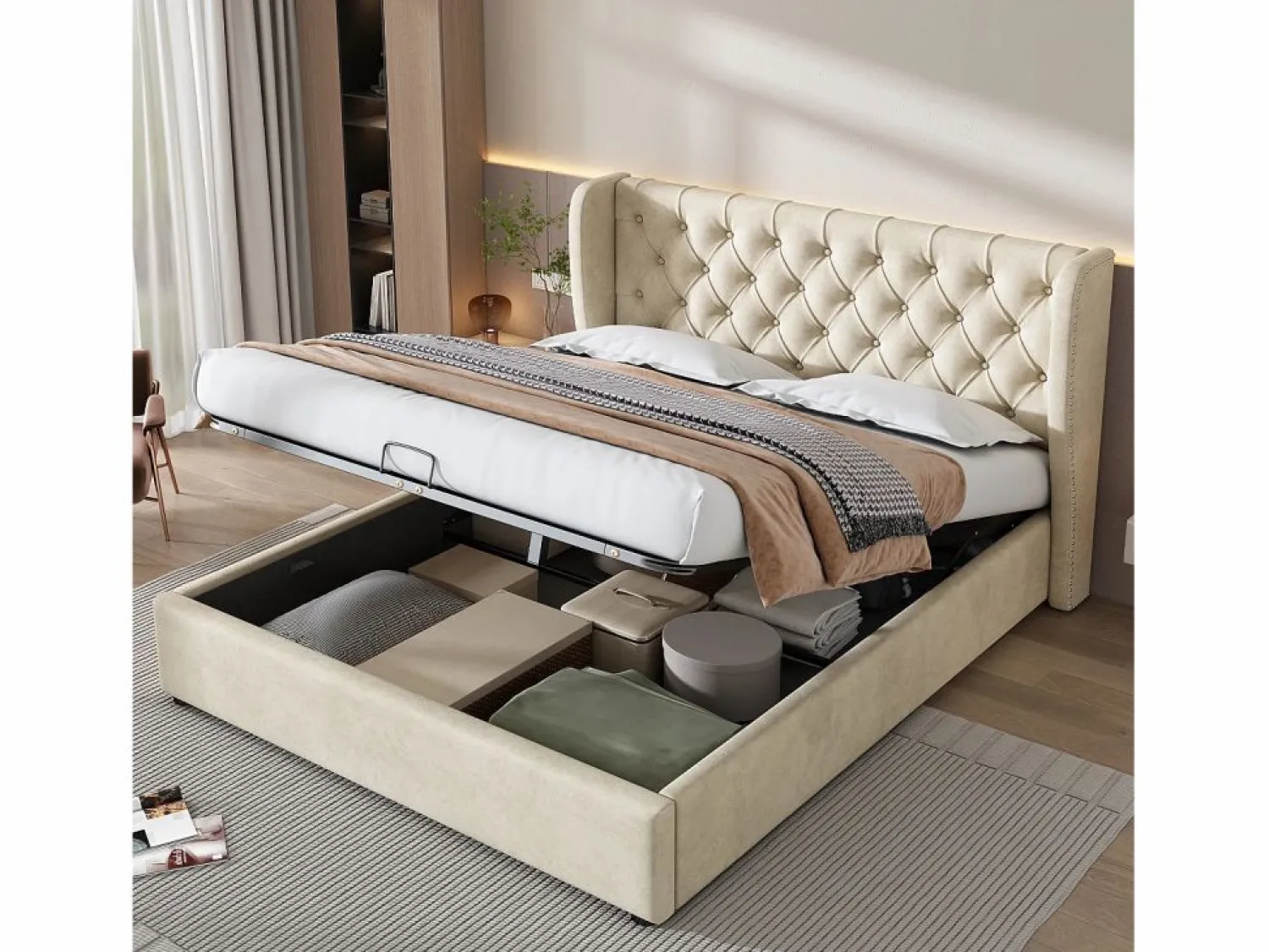 Clearance ModernLuxe Cama contenedor acolchada de terciopelo 160x200 cm con somier de láminas - Beige