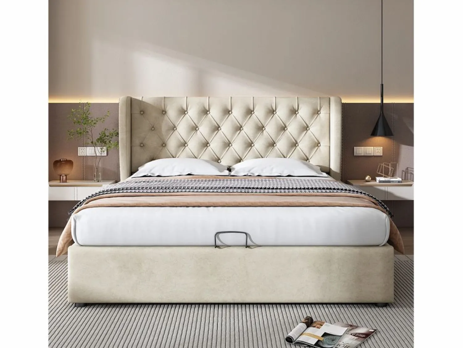 Clearance ModernLuxe Cama contenedor acolchada de terciopelo 160x200 cm con somier de láminas - Beige