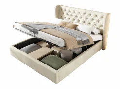 Clearance ModernLuxe Cama contenedor acolchada de terciopelo 160x200 cm con somier de láminas - Beige