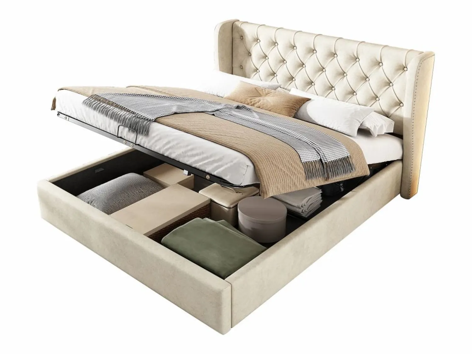Clearance ModernLuxe Cama contenedor acolchada de terciopelo 160x200 cm con somier de láminas - Beige