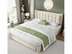 ModernLuxe Cama contenedor acolchada 160x200cm en terciopelo - con cajón y somier - Beige (sin colchón)
