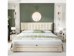 ModernLuxe Cama contenedor acolchada 160x200cm en terciopelo - con cajón y somier - Beige (sin colchón)
