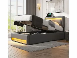 ModernLuxe Cama contenedor de piel sintética de 90x200 cm con LED - con puertos de carga (por cable e inalámbrico) -
