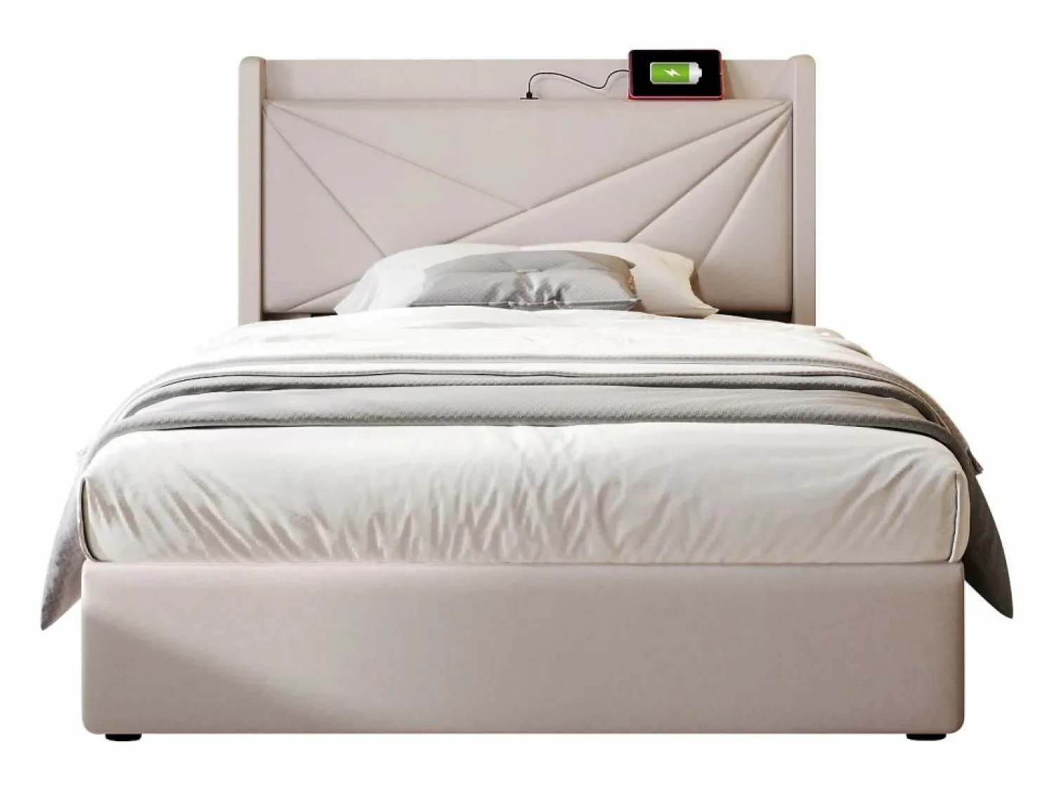 ModernLuxe Cama contenedor de tela de lino 90x200 cm - con puerto USB y somier -