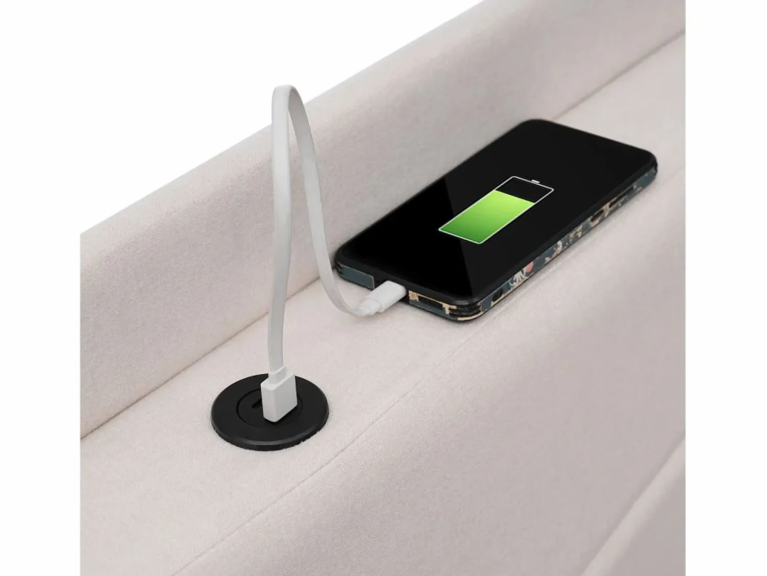 ModernLuxe Cama contenedor de tela de lino 90x200 cm - con puerto USB y somier -
