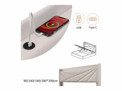 Hot ModernLuxe Cama contenedor de tela de lino 160x200 cm - con puerto USB y somier - Beige