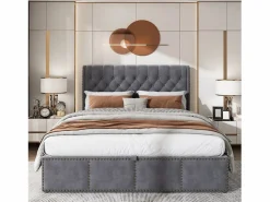 ModernLuxe Cama contenedor tapizada en terciopelo - decorada con remaches - con somier de láminas - 140x190cm -