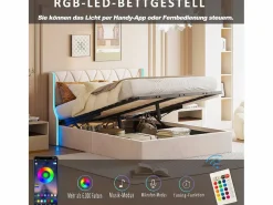 Cama de 140 x 190 cm - cama doble con somier - almacenaje - resorte de gas y tiras LED a cada lado del cabecero - terciopelo -