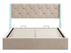 Cama de 140 x 190 cm - cama doble con somier - almacenaje - resorte de gas y tiras LED a cada lado del cabecero - terciopelo -