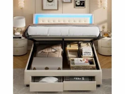 Cama de 140 x 190 cm con iluminación LED - Cama doble con canapé hidráulico y 2 cajones - Terciopelo - Beige Cama Terciopelo