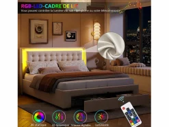 Cama de 140 x 190 cm con iluminación LED - Cama doble con canapé hidráulico y 2 cajones - Terciopelo - Beige Cama Terciopelo