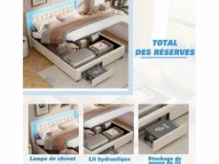 Cama de 140 x 190 cm con iluminación LED - Cama doble con canapé hidráulico y 2 cajones - Terciopelo - Beige Cama Terciopelo