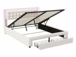 Cama de 140 x 190 cm con iluminación LED - Cama doble con canapé hidráulico y 2 cajones - Terciopelo - Beige Cama Terciopelo