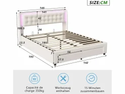 Cama de 140 x 190 cm con iluminación LED - Cama doble con canapé hidráulico y 2 cajones - Terciopelo - Beige Cama Terciopelo