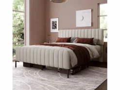ModernLuxe Cama de adulto tapizada en tejido de lino - 160x200 cm - con cabecero regulable y somier de láminas -