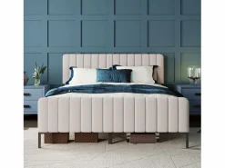 ModernLuxe Cama de adulto tapizada en tejido de lino - 160x200 cm - con cabecero regulable y somier de láminas -