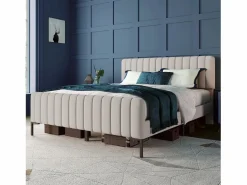ModernLuxe Cama de adulto tapizada en tejido de lino - 160x200 cm - con cabecero regulable y somier de láminas -