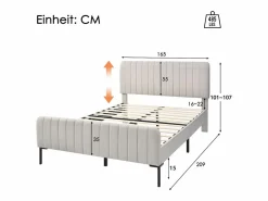 ModernLuxe Cama de adulto tapizada en tejido de lino - 160x200 cm - con cabecero regulable y somier de láminas -
