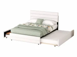 ModernLuxe Cama de adulto 140x200 cm en tejido de lino - con cama nido 90x190 cm y 2 cajones - cabecero regulable -
