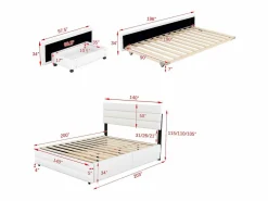 ModernLuxe Cama de adulto 140x200 cm en tejido de lino - con cama nido 90x190 cm y 2 cajones - cabecero regulable -