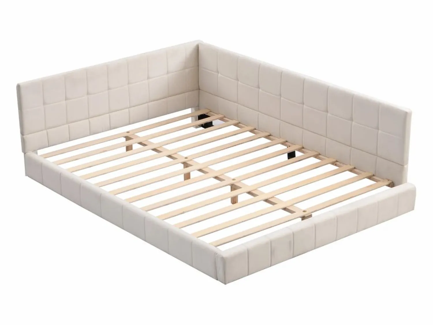 New Hauss Spole Cama de adulto 140x200 cm tipo sofá cama con 2 grandes reposabrazos, somier incluido, tapizada en terciopelo , sin colchón Beige