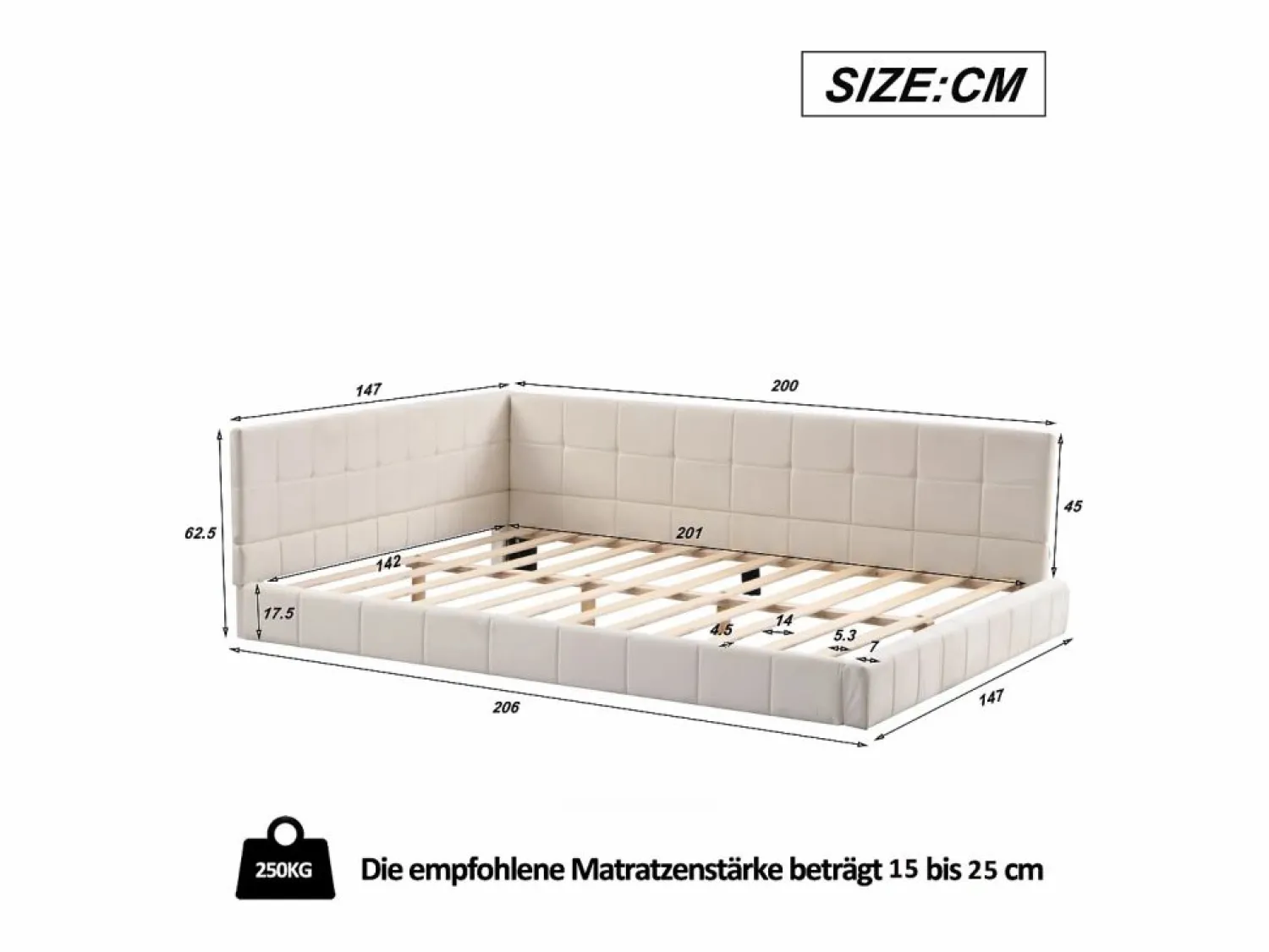New Hauss Spole Cama de adulto 140x200 cm tipo sofá cama con 2 grandes reposabrazos, somier incluido, tapizada en terciopelo , sin colchón Beige