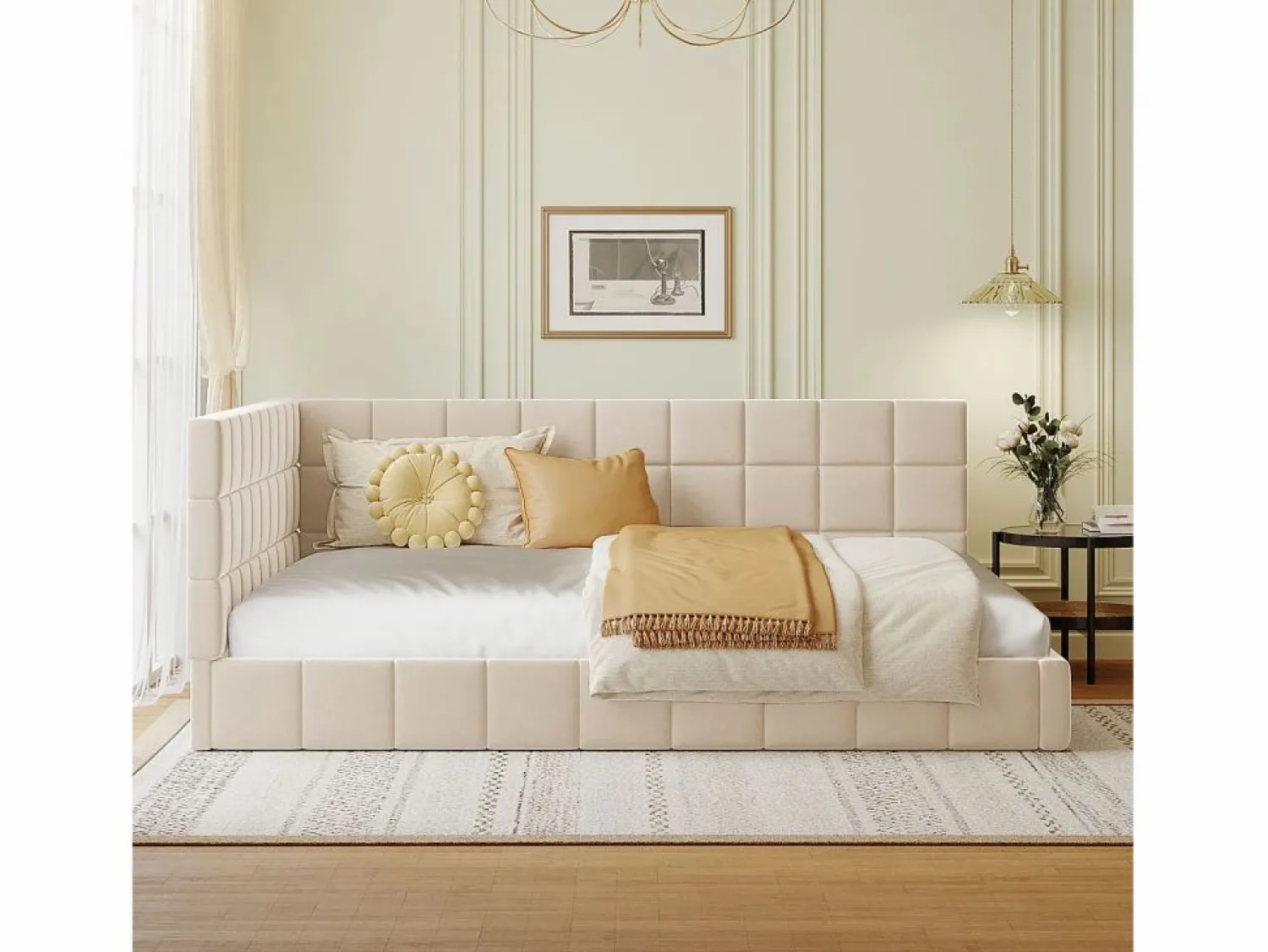 New Hauss Spole Cama de adulto 140x200 cm tipo sofá cama con 2 grandes reposabrazos, somier incluido, tapizada en terciopelo , sin colchón Beige