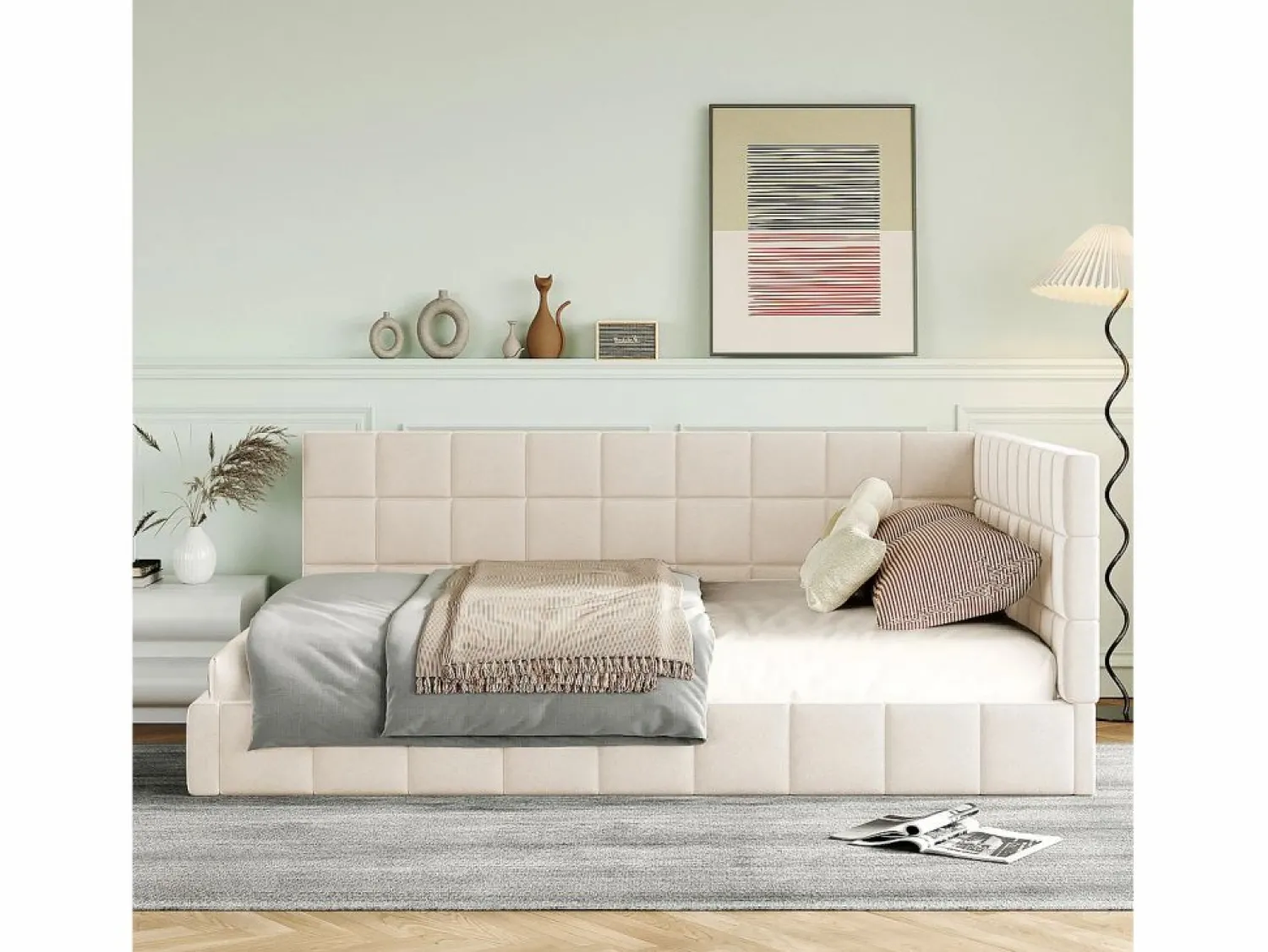 New Hauss Spole Cama de adulto 140x200 cm tipo sofá cama con 2 grandes reposabrazos, somier incluido, tapizada en terciopelo , sin colchón Beige