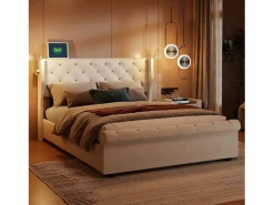 Clearance Cama de aire de 140 cm x 190 cm con almacenaje, lámpara de noche y toma de corriente, terciopelo Beige
