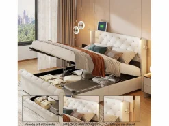 Clearance Cama de aire de 140 cm x 190 cm con almacenaje, lámpara de noche y toma de corriente, terciopelo Beige