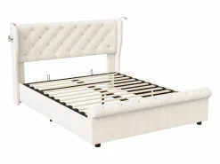 Clearance Cama de aire de 140 cm x 190 cm con almacenaje, lámpara de noche y toma de corriente, terciopelo Beige