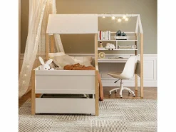 DripeX Cama de cabina 90 x 200 cm con escritorio y estante en forma de L - Cajón con ruedas - Madera sólida y MDF - White