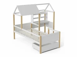 DripeX Cama de cabina 90 x 200 cm con escritorio y estante en forma de L - Cajón con ruedas - Madera sólida y MDF - White