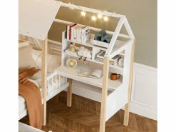 DripeX Cama de cabina 90 x 200 cm con escritorio y estante en forma de L - Cajón con ruedas - Madera sólida y MDF - White