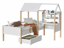 DripeX Cama de cabina 90 x 200 cm con escritorio y estante en forma de L - Cajón con ruedas - Madera sólida y MDF - White