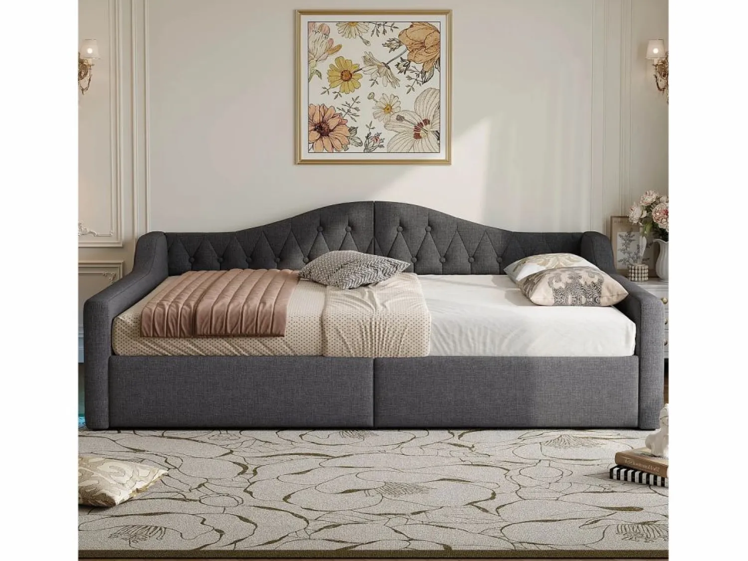 Hauss Spole Cama de día 140x200 cm en lino - Cama de adulto con canapé y LED
