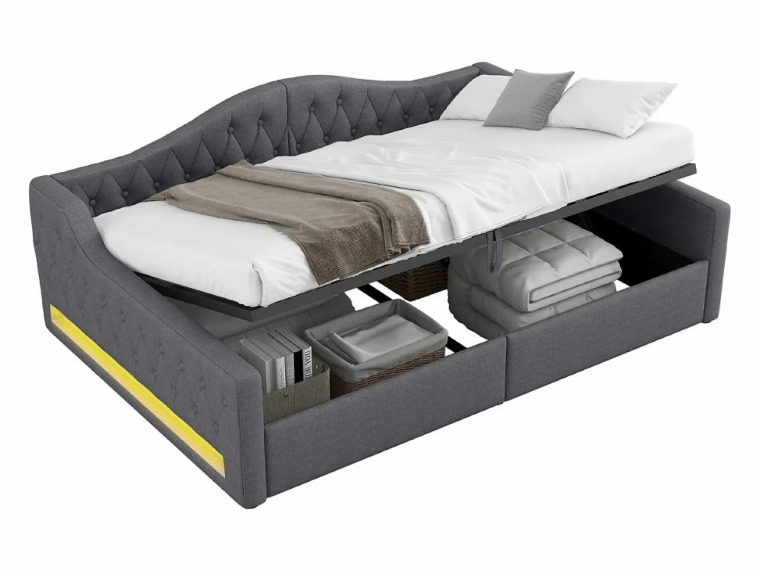 Hauss Spole Cama de día 140x200 cm en lino - Cama de adulto con canapé y LED
