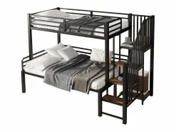 New Cama de hierro, litera esquinera para niños y adolescentes, con escalera y almacenaje. Material: hierro + MDF.Tamaños: 90x200cm y 120x200cm. Negro