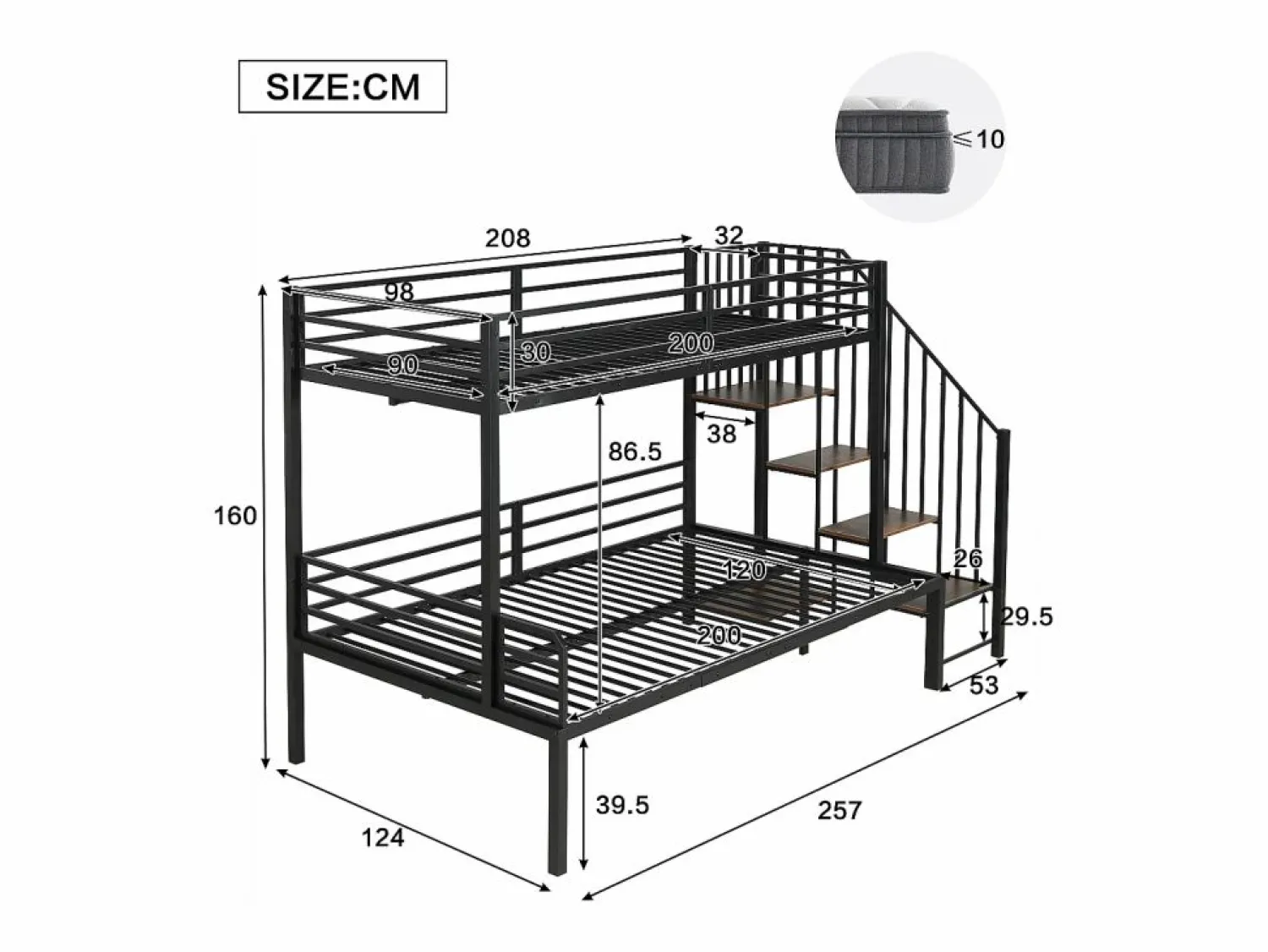 New Cama de hierro, litera esquinera para niños y adolescentes, con escalera y almacenaje. Material: hierro + MDF.Tamaños: 90x200cm y 120x200cm. Negro