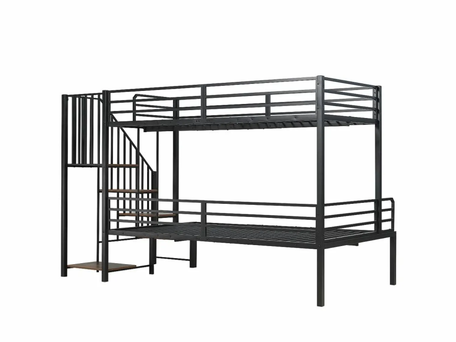 New Cama de hierro, litera esquinera para niños y adolescentes, con escalera y almacenaje. Material: hierro + MDF.Tamaños: 90x200cm y 120x200cm. Negro