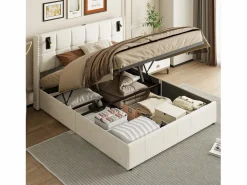 Cama de matrimonio 160 x 200 cm - Cabecero con luz de lectura - Compartimento hidráulico y somier de láminas - Terciopelo -