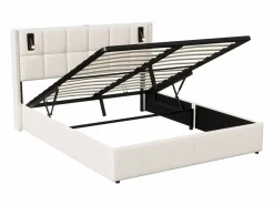 Cama de matrimonio 160 x 200 cm - Cabecero con luz de lectura - Compartimento hidráulico y somier de láminas - Terciopelo -