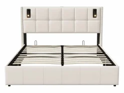 Cama de matrimonio 160 x 200 cm - Cabecero con luz de lectura - Compartimento hidráulico y somier de láminas - Terciopelo -