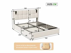Cama de matrimonio 160 x 200 cm - Cabecero con luz de lectura - Compartimento hidráulico y somier de láminas - Terciopelo -