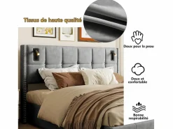 Best Cama de matrimonio 140 x 200 cm - Cabecero con luz de lectura - Compartimento hidráulico y somier de láminas - Terciopelo - Cama Terciopelo