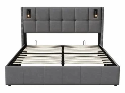 Best Cama de matrimonio 140 x 200 cm - Cabecero con luz de lectura - Compartimento hidráulico y somier de láminas - Terciopelo - Cama Terciopelo