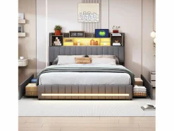 Sale Cama de matrimonio tapizada con somier de láminas y 4 cajones, 140x190 cm, con LED y USB, color lino y . Cama Con Almacenaje|Cama Adulto