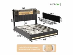 Sale Cama de matrimonio tapizada con somier de láminas y 4 cajones, 140x190 cm, con LED y USB, color lino y . Cama Con Almacenaje|Cama Adulto